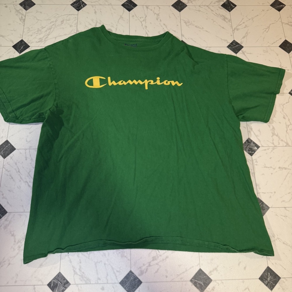Champion Script Logo Graphic T Shirt Green Yellow Men's 1XL‎